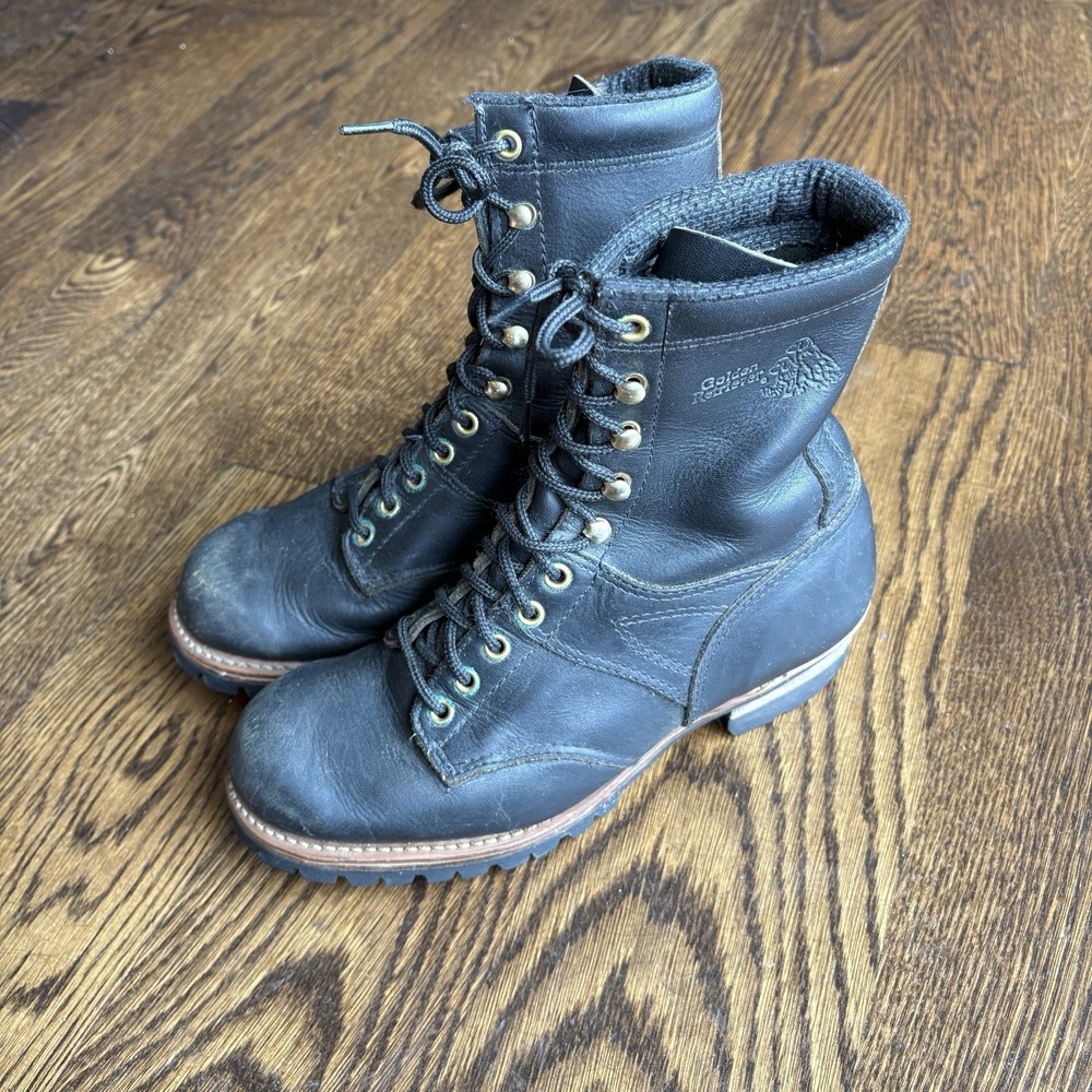 Vtg 80s Golden Retriever Black Leather Work Logger Boots Vibram Sole Mens 7.5 M